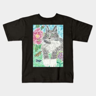 Gray and white  cat butterflies  flowers  art Kids T-Shirt